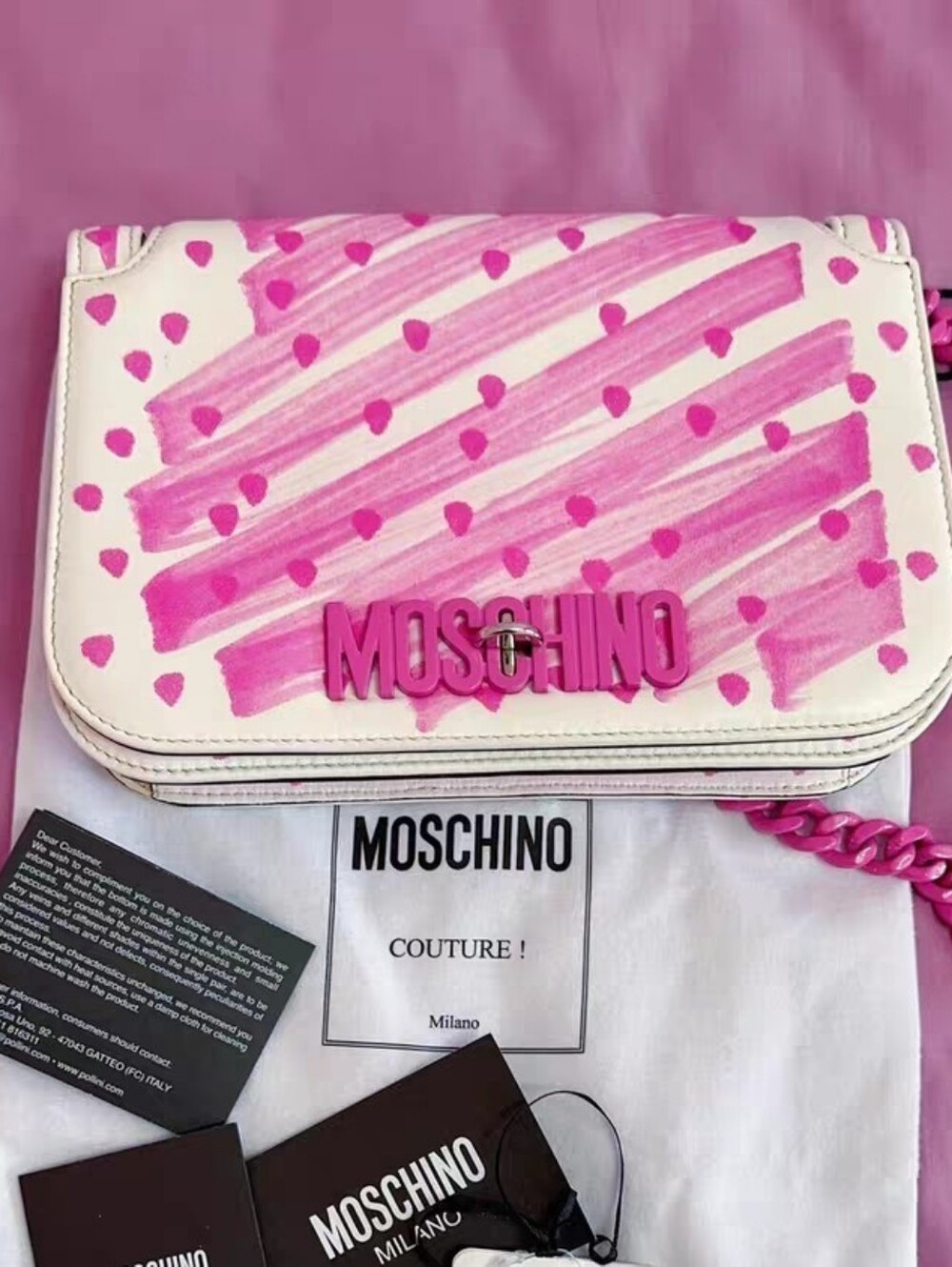 MOSCHINO Brushstroke Leather White Barbie Pink Bag Crossbag - Picture 5 of 7